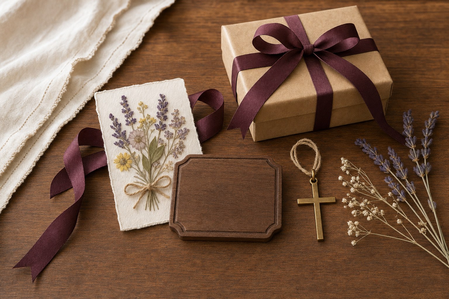 Blank wooden keepsake plaque, cross charm, pressed flowers, plum ribbon, and wrapped gift box on a walnut table