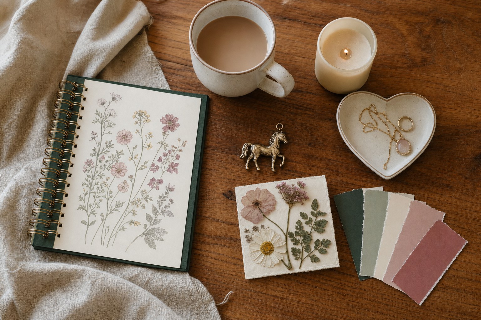 Floral notebook, coffee mug, horse charm, pressed flowers, candle, jewelry dish, and color swatches arranged on a wooden table