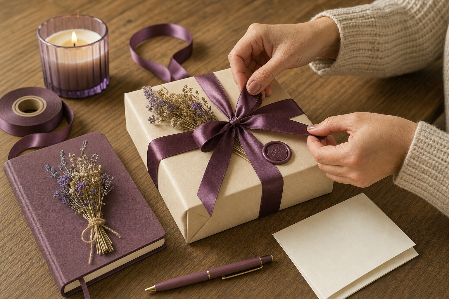 Hands tying a plum ribbon around a cream gift box with dried flowers, candle, journal, and blank note card
