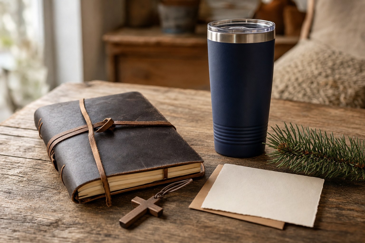 Leather journal, navy tumbler, wooden cross charm, card, and evergreen arranged as a thoughtful husband gift
