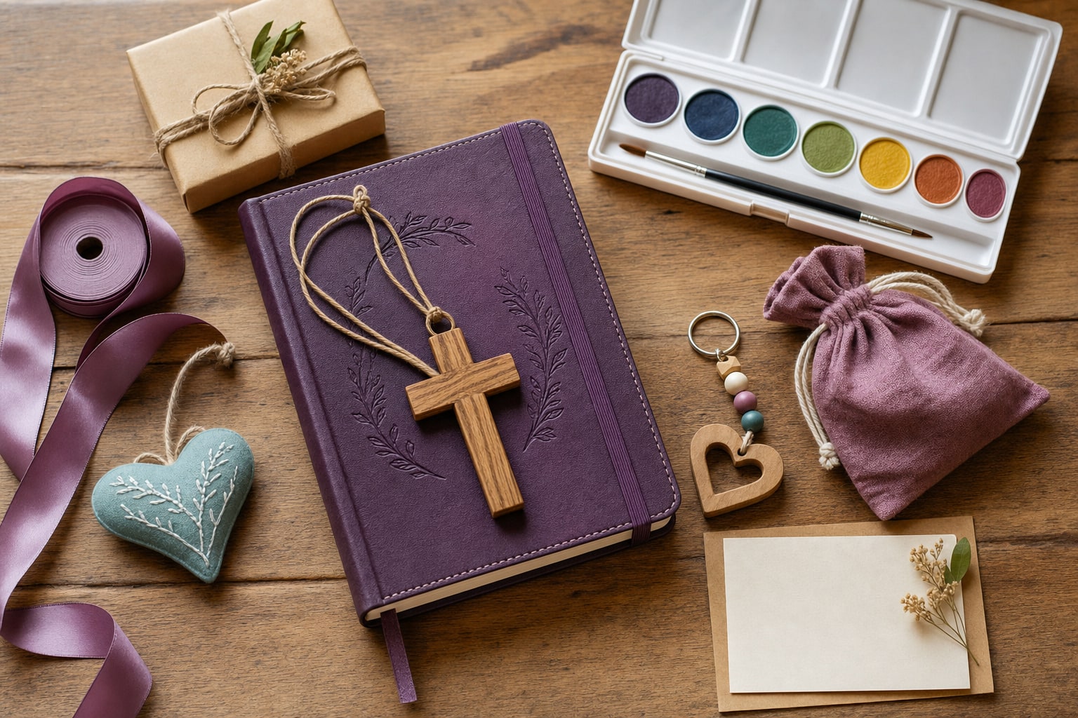 Handmade Christian gift for a child with a purple journal, wooden cross charm, watercolor set, wrapped package, and blank note card
