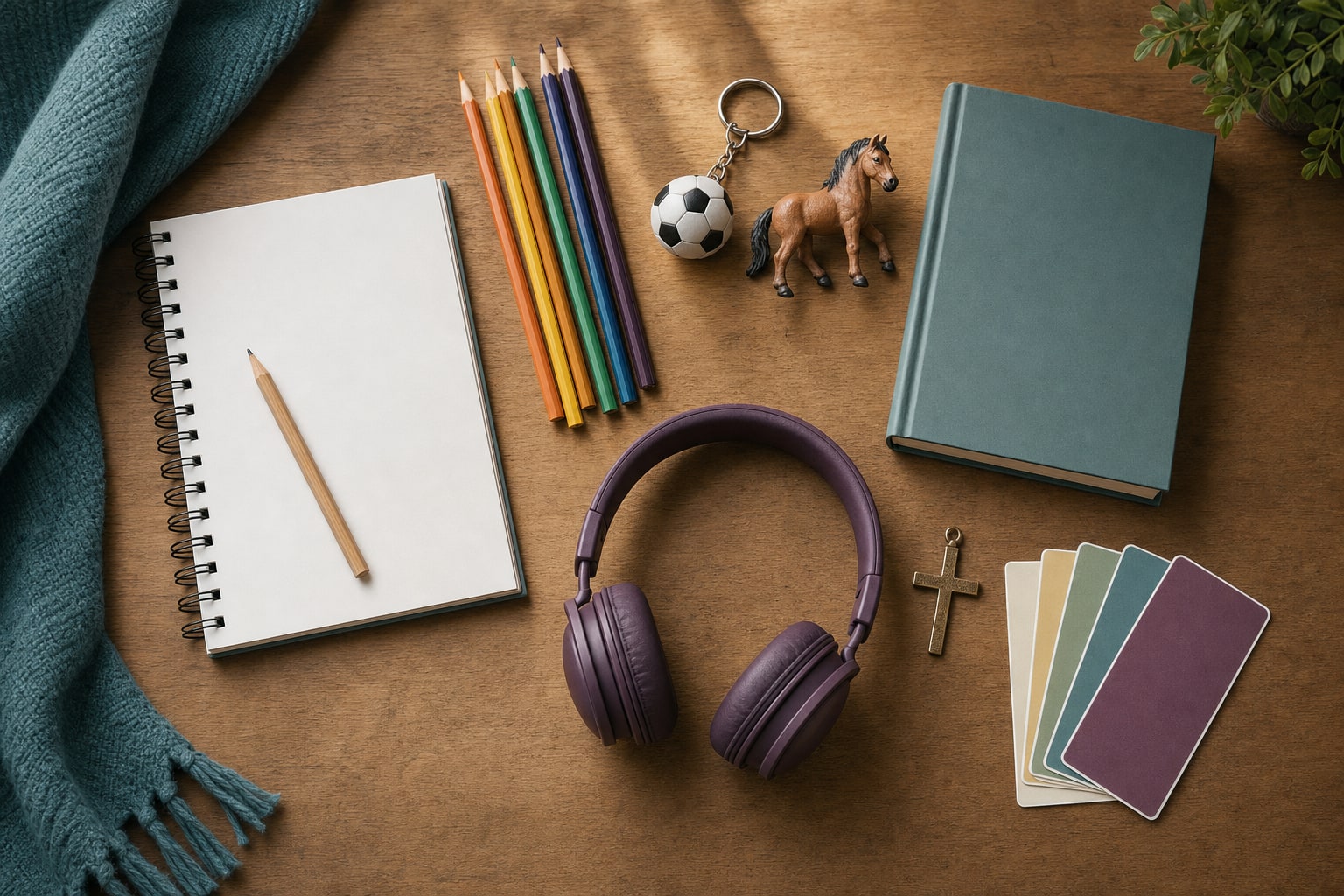 Sketchbook, colored pencils, soccer ball keychain, horse figurine, headphones, cross charm, and color swatches arranged as gift clues for a child