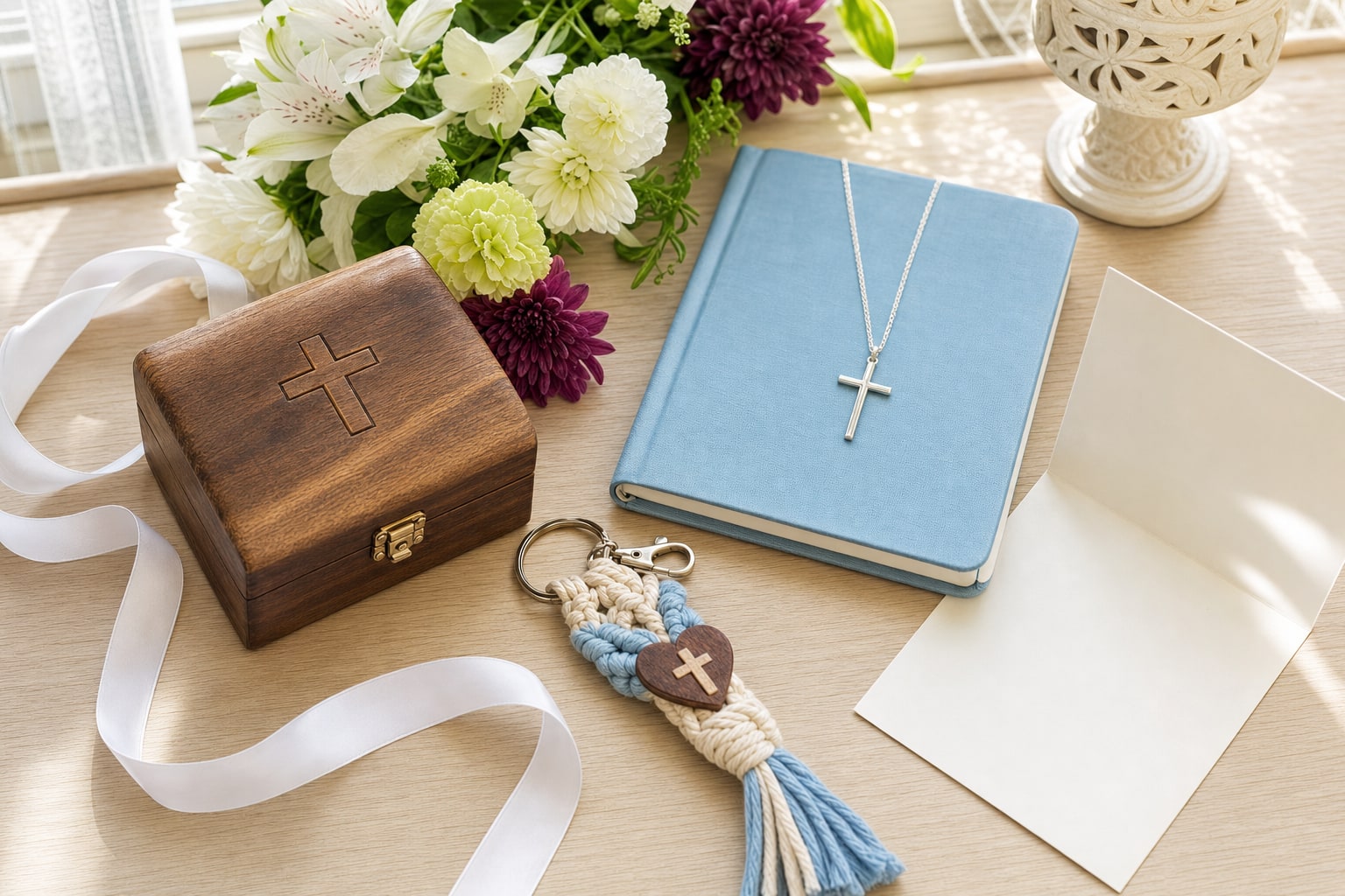 Wooden keepsake box with cross, blue journal, handmade keychain, white ribbon, fresh flowers, and blank card arranged for a child’s faith milestone