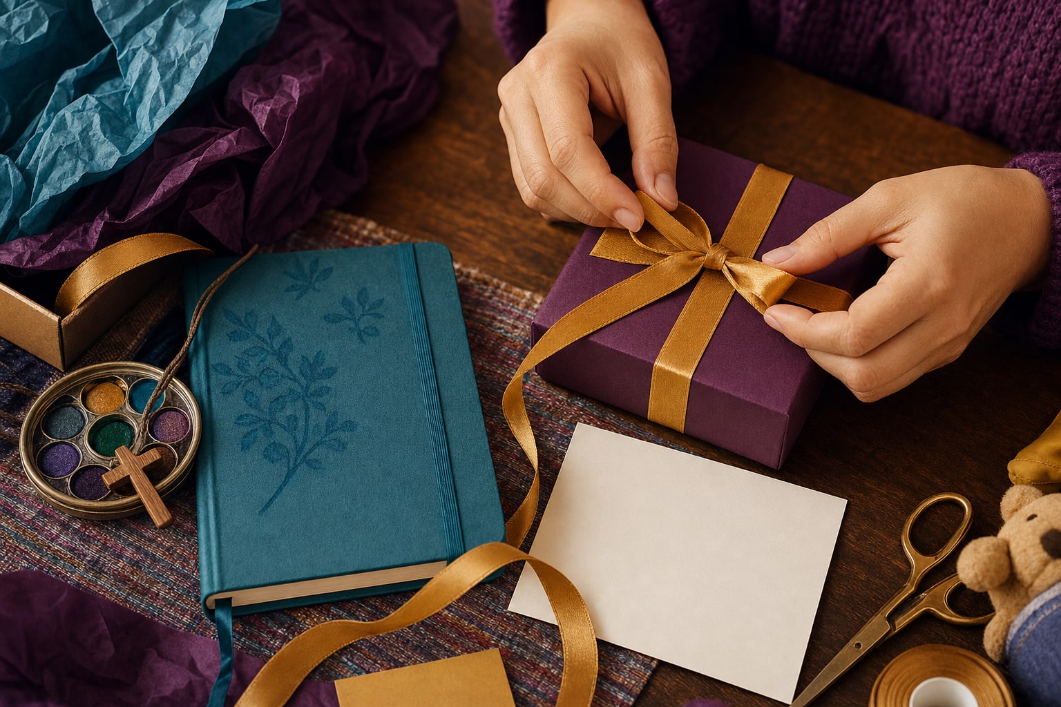 Hands tying a gold ribbon around a purple surprise gift box beside a teal journal, small art set, wooden cross charm, teddy bear, and blank card
