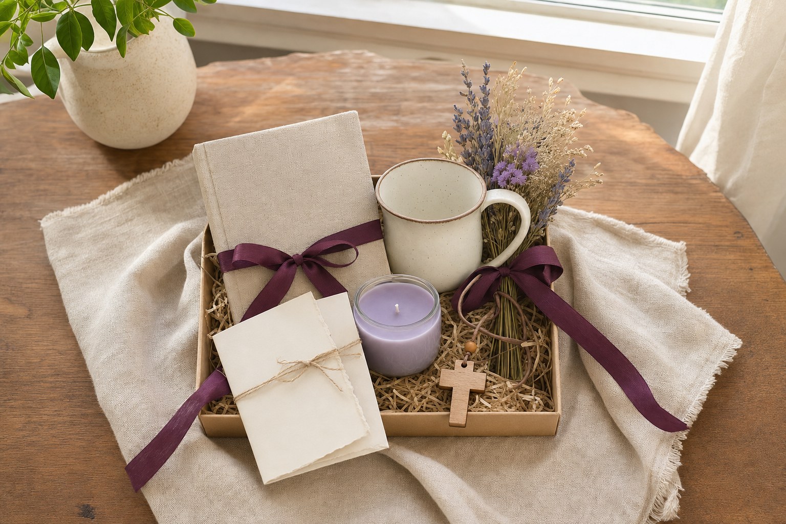 Christian gift for mom with a journal, candle, mug, dried lavender, card, and wooden cross charm