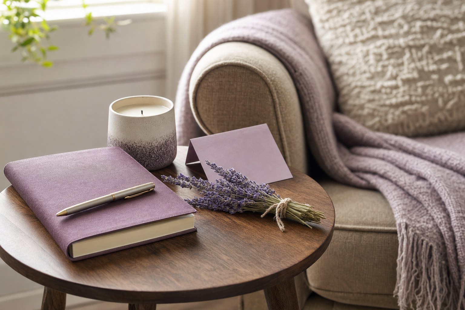 Journal, pen, candle, folded card, and dried lavender arranged beside a cozy reading chair
