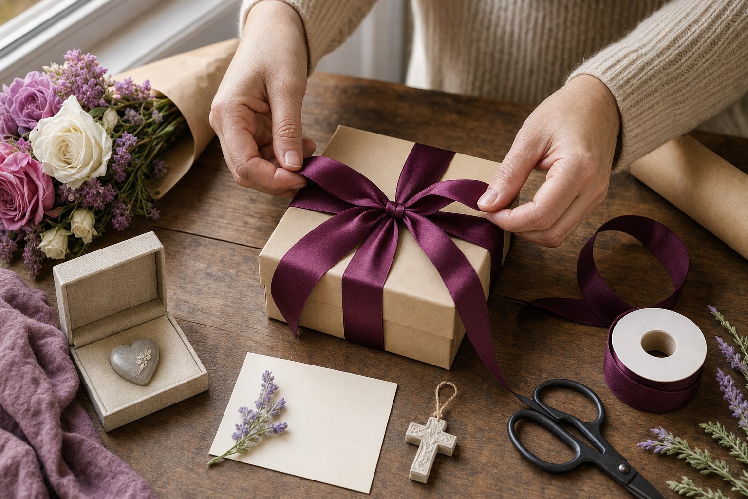 Hands tying a plum ribbon around a handmade gift box with flowers, blank card, keepsake, and cross charm
