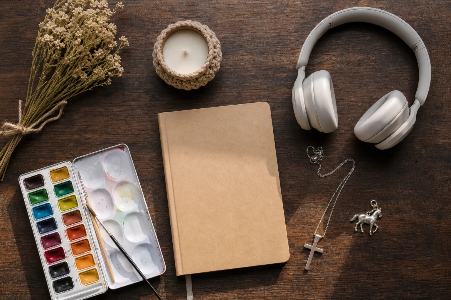Journal, watercolor set, headphones, horse charm, candle, and cross necklace on a wooden table