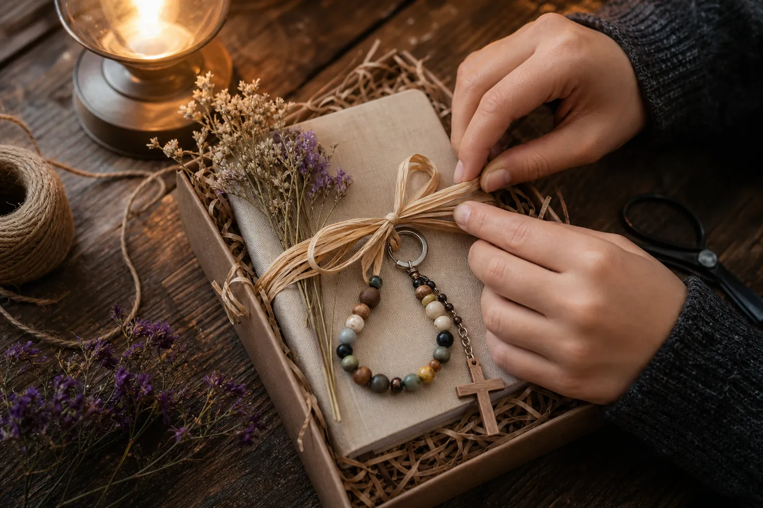 Hands tying a ribbon around a handmade care package with a journal, keychain, flowers, and cross charm