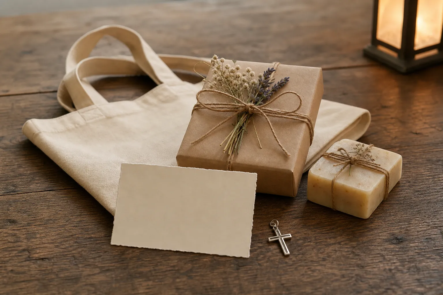 Finished handmade gift package with a tote, wrapped soap, flowers, blank card, and cross charm
