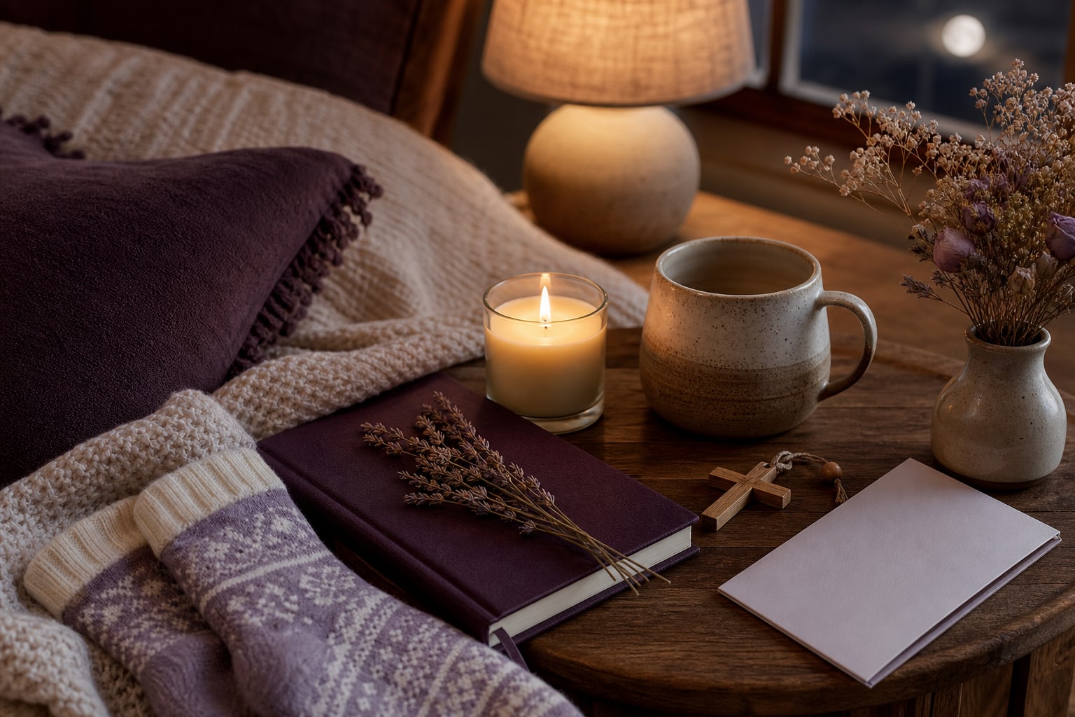 Cozy chair, knit blanket, candle, mug, journal, lavender, socks, and cross charm arranged as a quiet comfort gift