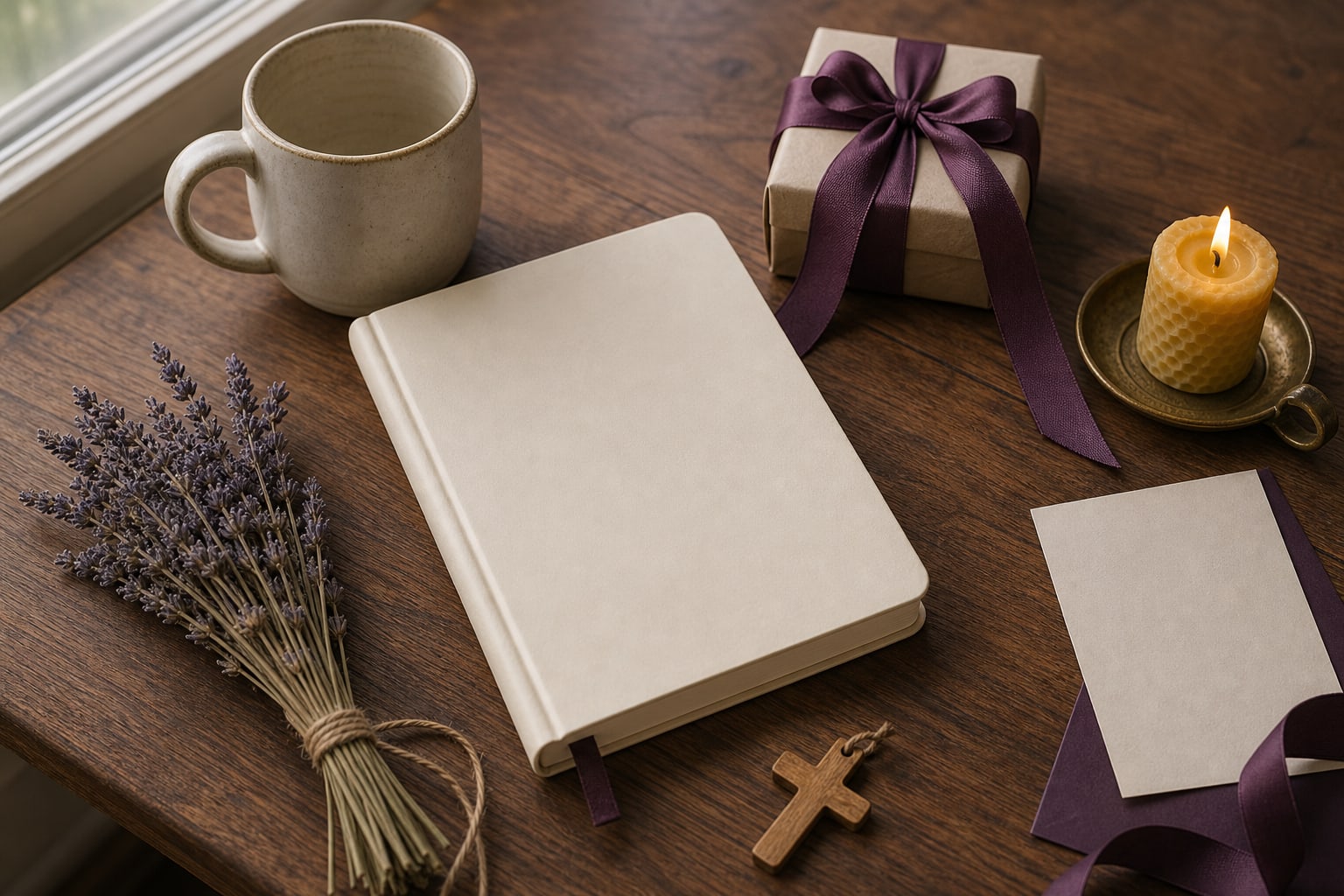 Journal, handmade candle, cross charm, gift box, lavender, and blank card arranged as a Christian gift for a wife