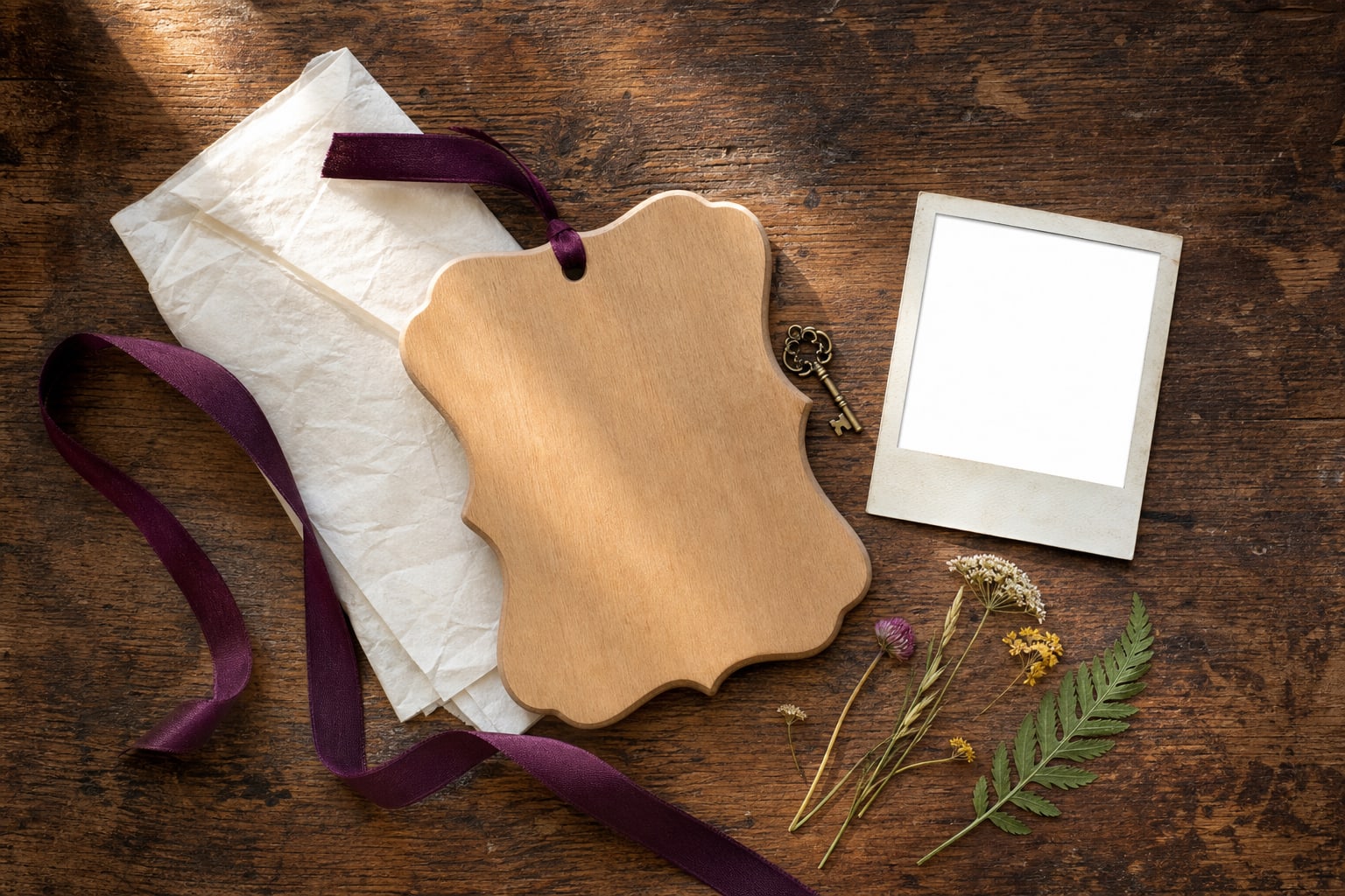 Blank wooden keepsake plaque, vintage key charm, empty photo frame, pressed flowers, tissue paper, and plum ribbon on a wooden table