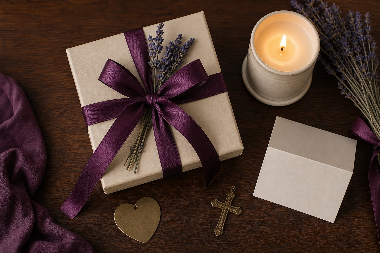 Cream gift box tied with plum ribbon, candle, lavender, cross charm, heart tag, and blank card on a dark wooden table