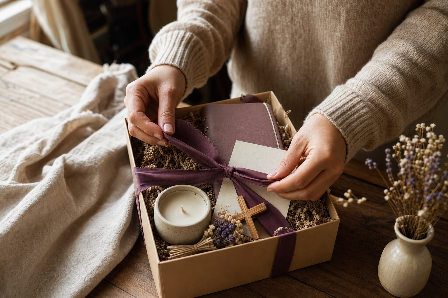 Hands tying a plum ribbon around a care package with a candle, journal, card, and wooden cross