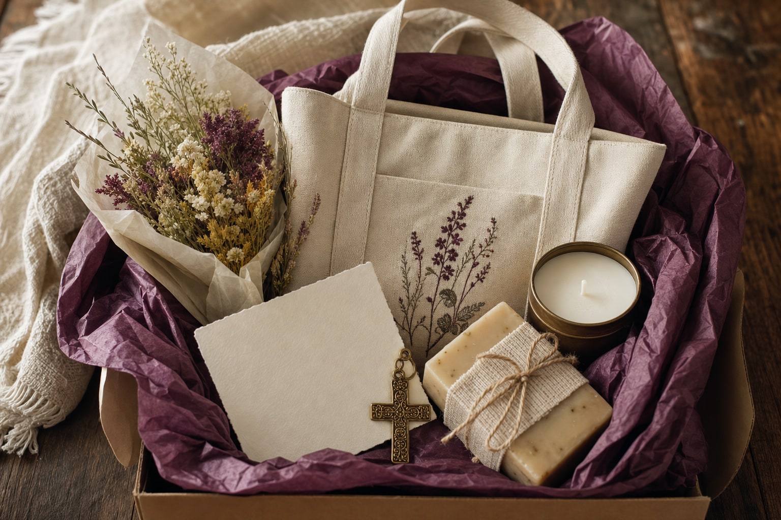 Finished gift box with handmade tote, candle, soap, blank card, cross charm, and flowers