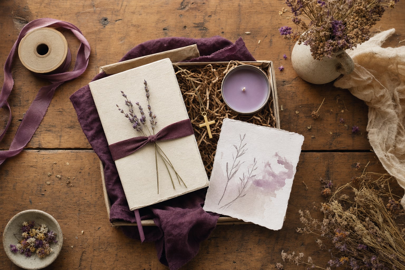 Handmade Christian gift with journal, lavender candle, cross pendant, ribbon, and dried flowers on a wooden table