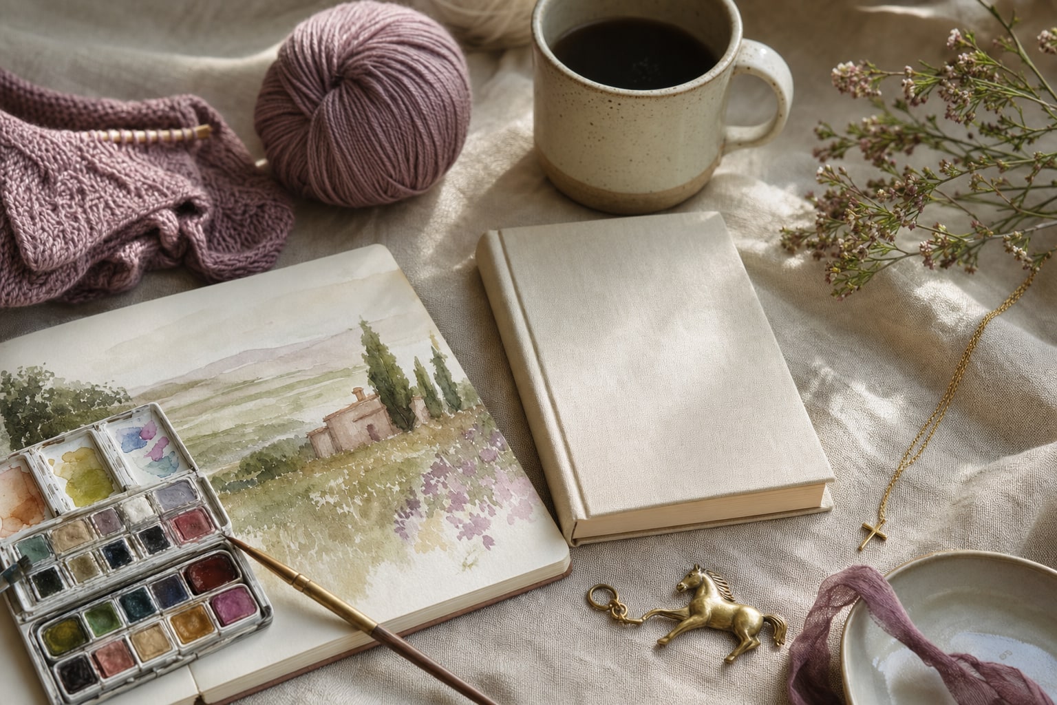 Watercolor paints, yarn, journal, mug, horse charm, and cross necklace arranged on linen