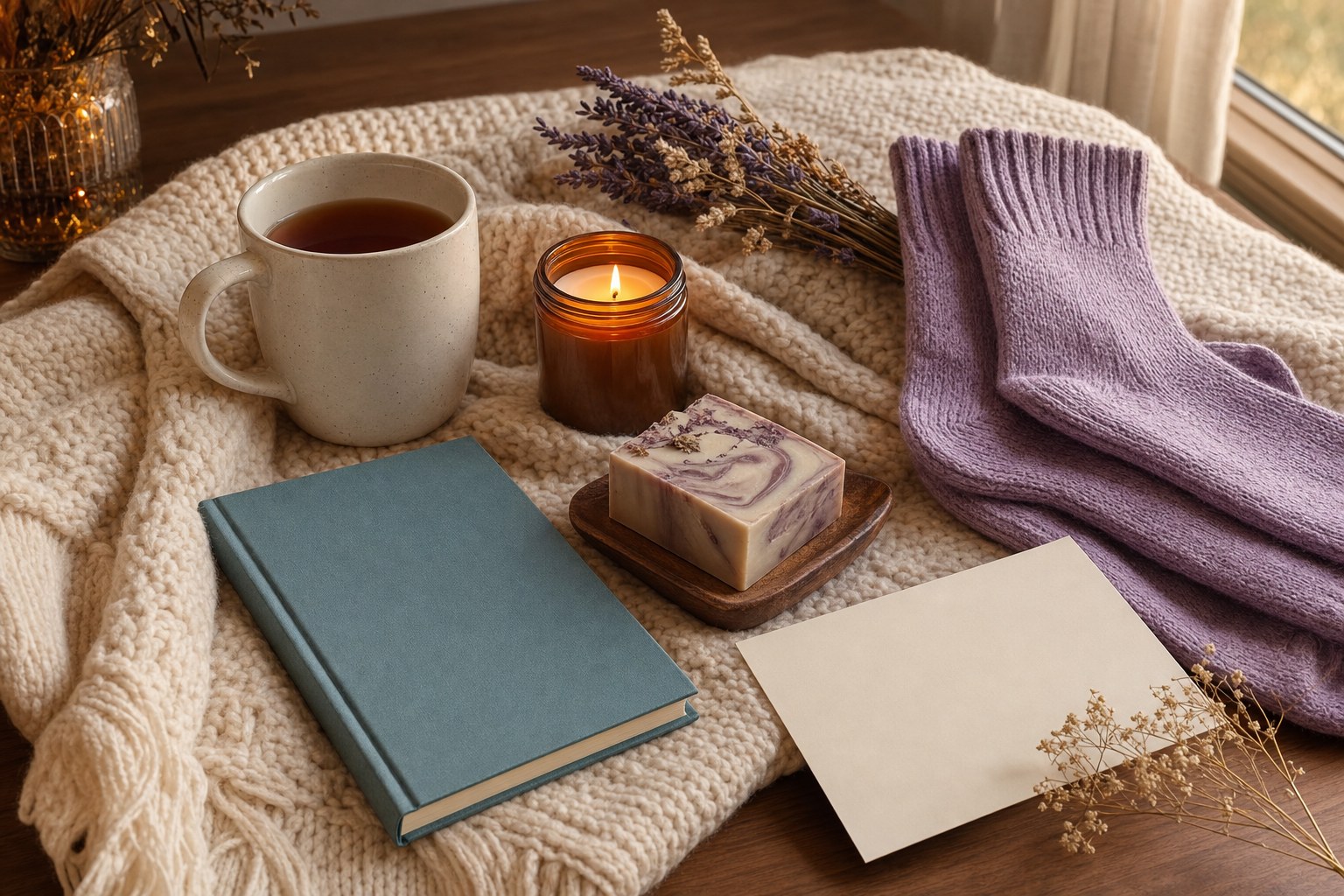 Cozy comfort gift with a mug, candle, soft purple socks, teal journal, handmade soap, dried flowers, and blank note card