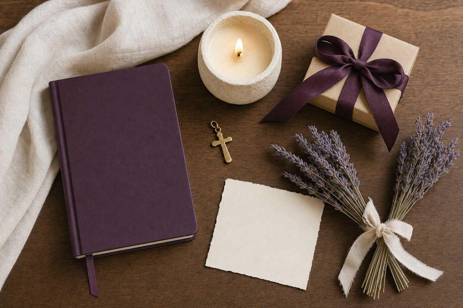 Plum journal, handmade candle, cross charm, wrapped gift, lavender, and blank note card arranged as a Christian gift for a sister