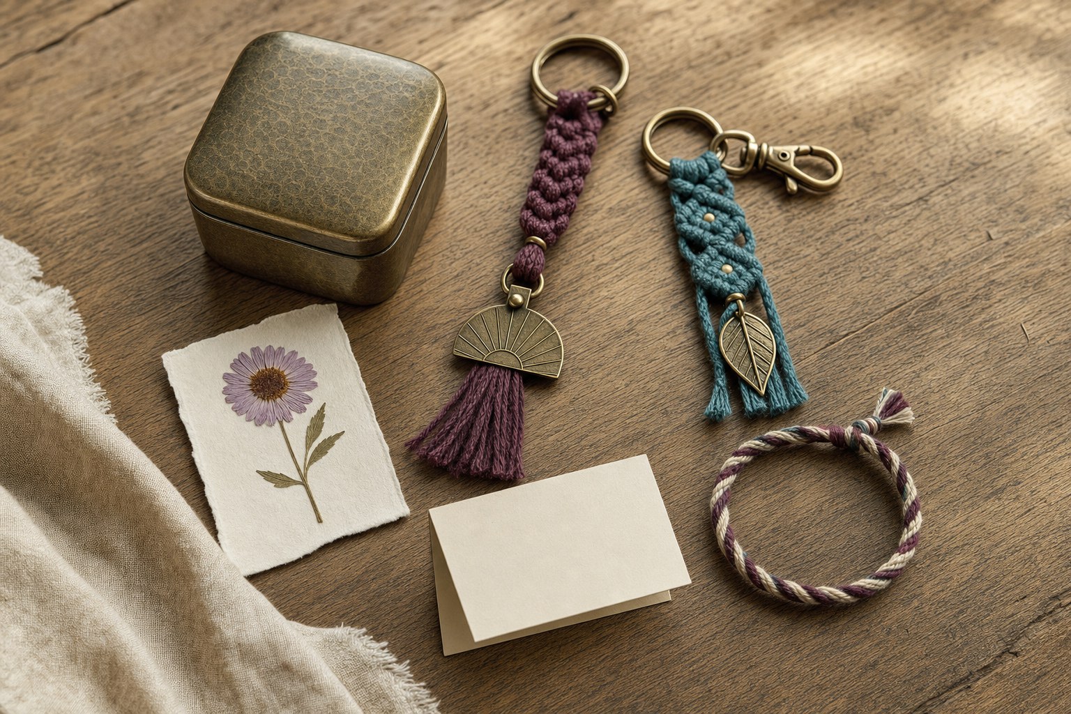 Handmade plum and teal keychains, friendship bracelet, keepsake tin, flower card, and blank note arranged as personal gift clues for a sister