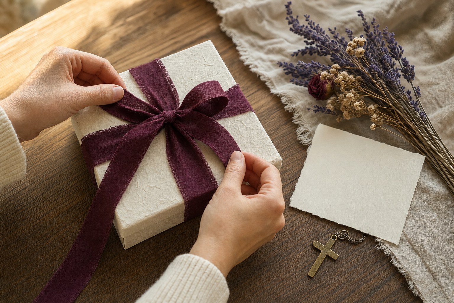 Hands tying a plum ribbon around an ivory handmade gift box beside lavender, a cross charm, and a blank note card