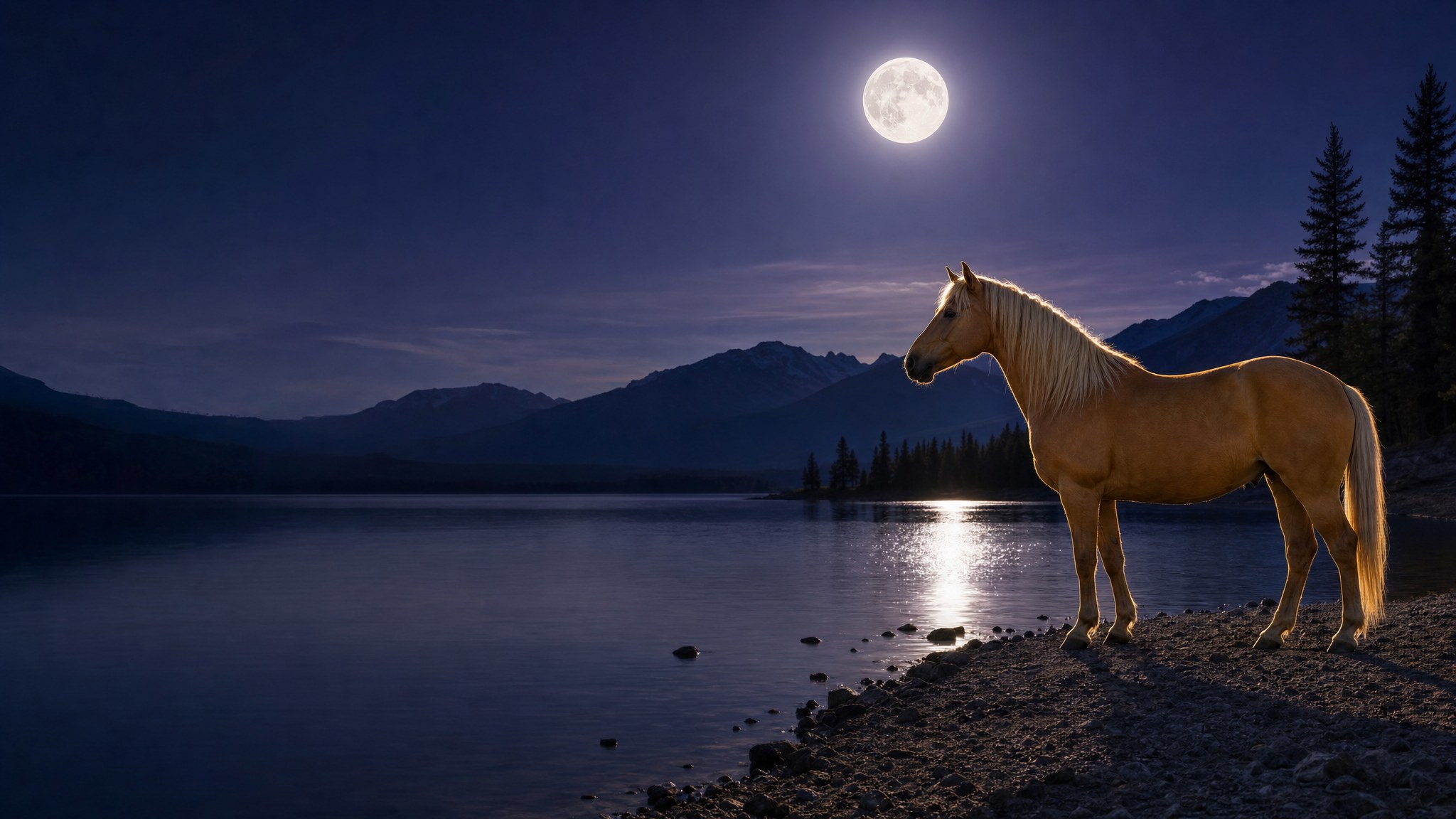 Graceful palomino standing beside a moonlit lake beneath a full moon