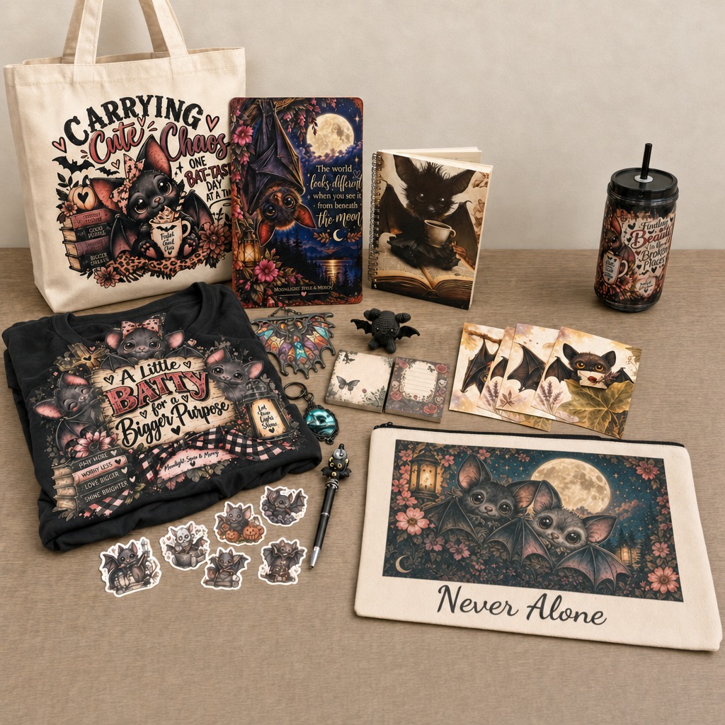 The actual Batty Bundle items arranged together, including the bat tote, shirt, cup, notebook, sign, and smaller goodies
