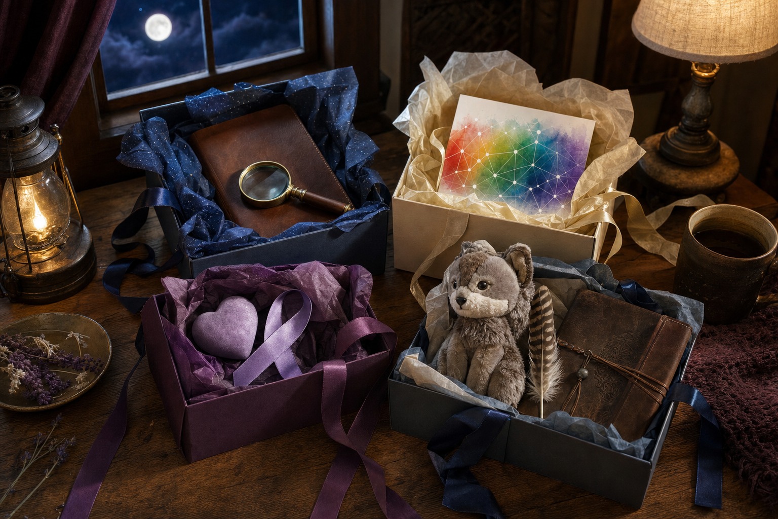 Gift boxes with symbolic accents for the upcoming mystery game, Beautifully Wired by His Design, cancer support, and creature keeper bundles