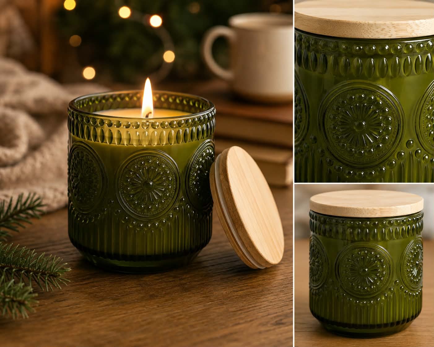 Enchanted Evergreen hand poured candle in a textured green glass jar with a wooden lid