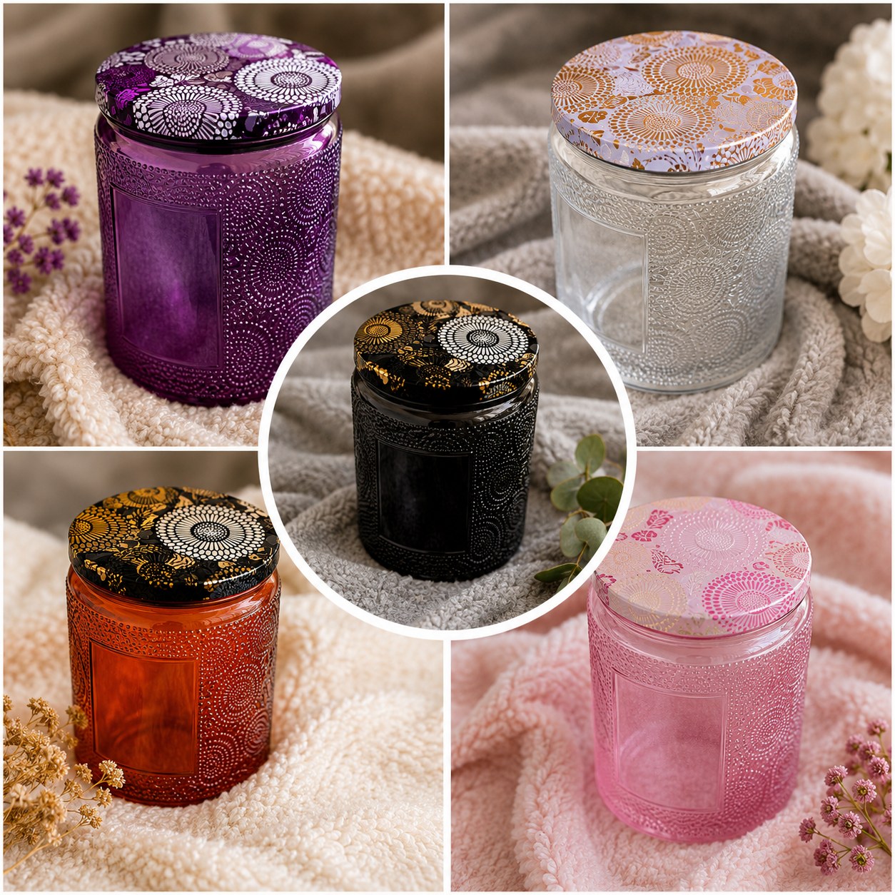 Mandala Bloom Candles in purple, clear, black, amber, and pink detailed glass vessels with patterned lids