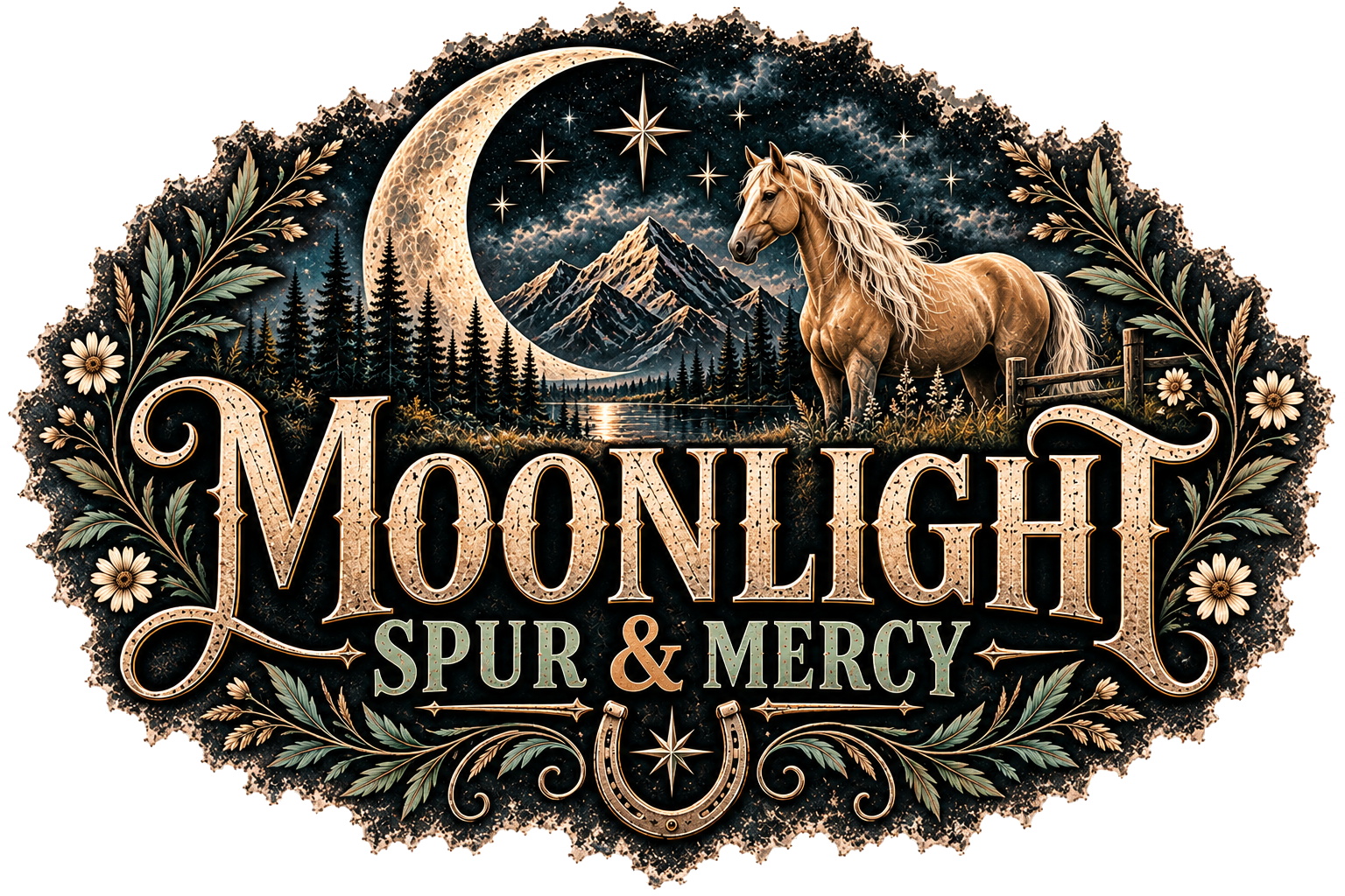 Moonlight Spur and Mercy artwork with a horse, crescent moon, mountains, and wildflowers