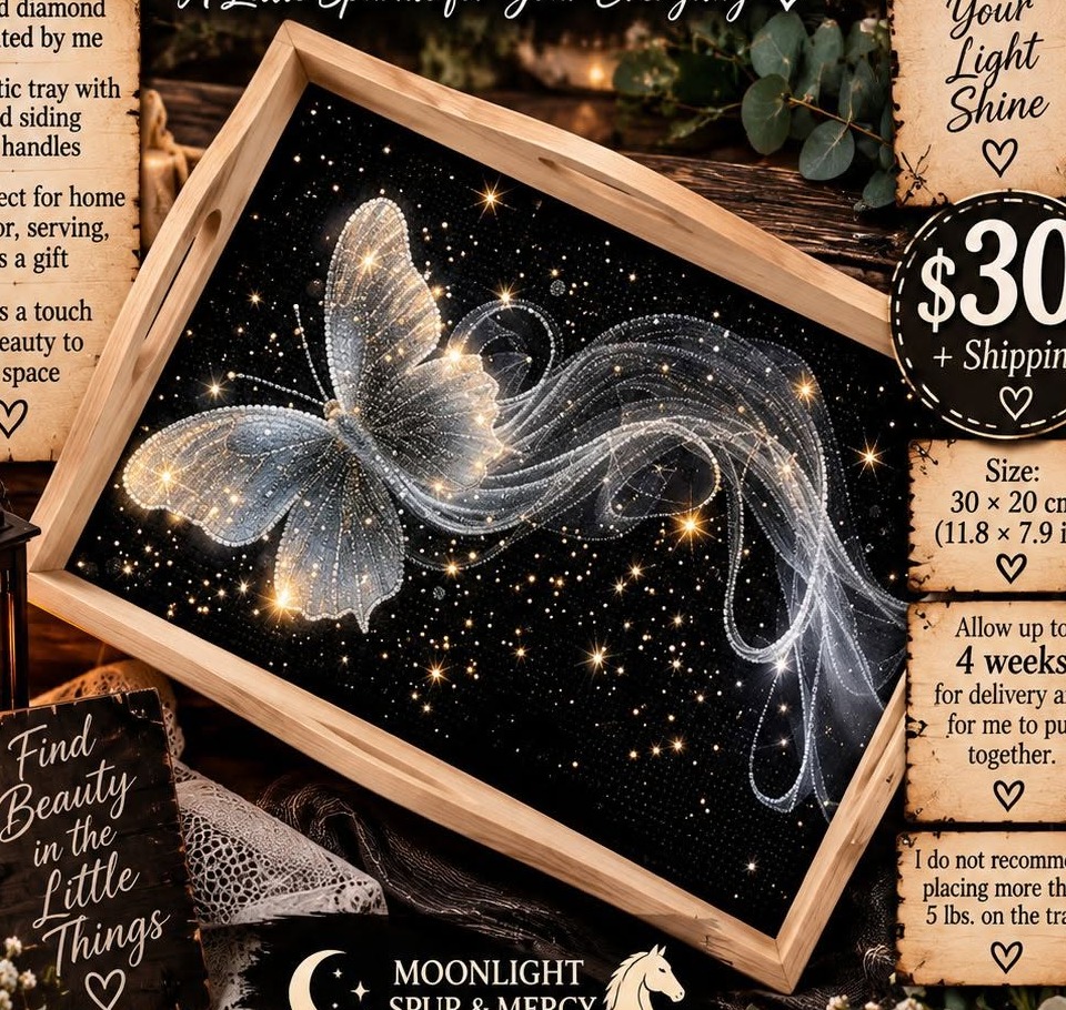 Wings of Wonder diamond art decorative tray with a shimmering butterfly against a starry background, $30 plus shipping