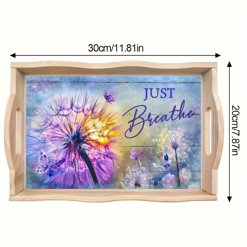 Colorful dandelion decorative tray with butterflies and the words Just Breathe
