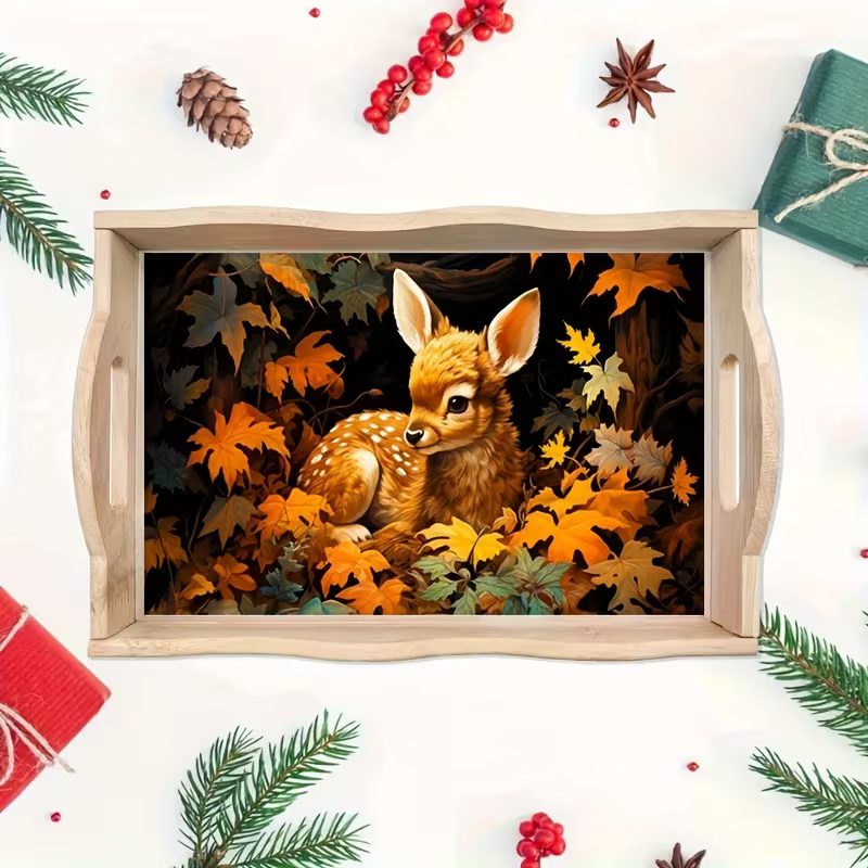 Woodland Majesty decorative tray design showing a young deer nestled among autumn leaves
