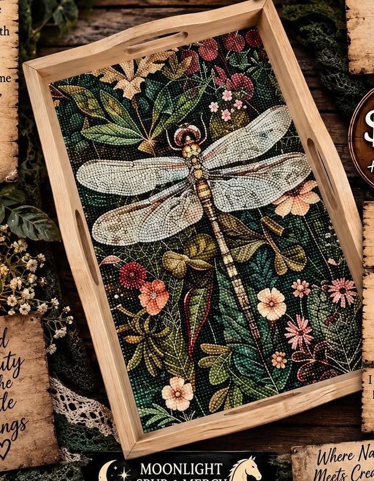 Dragonflies at Dusk diamond art decorative tray: a delicate dragonfly surrounded by colorful flowers and greenery
