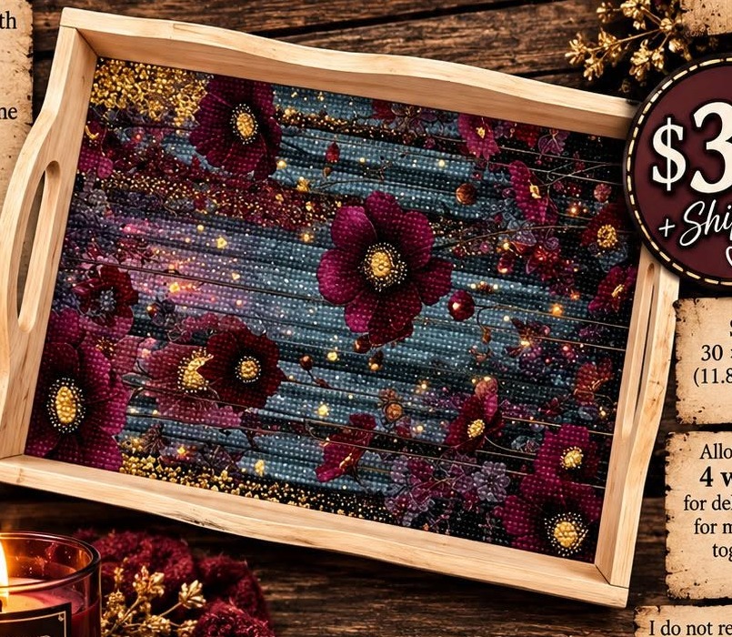 Petals in the Moonlight diamond art decorative tray: deep burgundy flowers with golden sparkle against a blue background