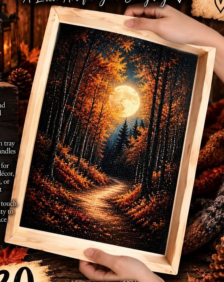 The Hidden Woodland Trail diamond art decorative tray: an autumn woodland path beneath a glowing full moon