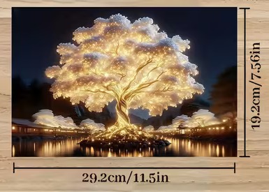 A golden tree glowing against a dark sky