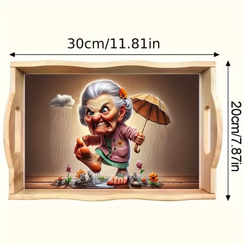 A wonderfully grumpy granny beneath an umbrella