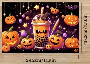 Halloween drink diamond art design with pumpkins, bats, and a witch hat, showing design measurements