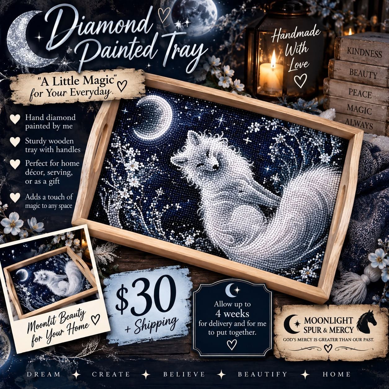 Silver Fox of the Moon diamond art decorative tray design