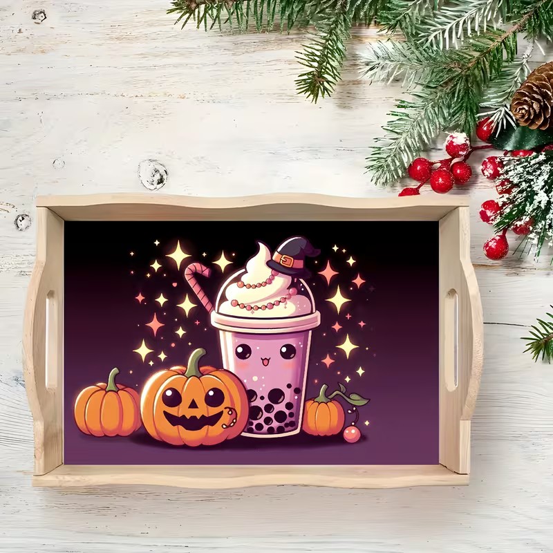 A sweet purple drink topped with a witch hat, surrounded by smiling pumpkins and sparkling stars
