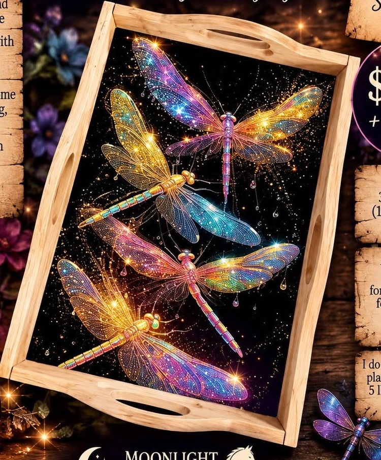 Colorful dragonflies sparkling against a dark background