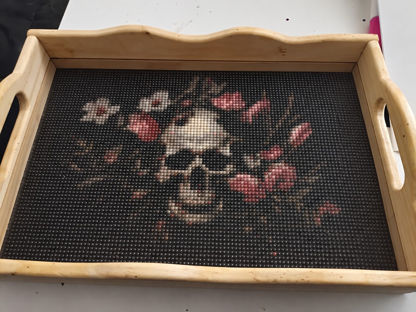 Wooden decorative tray with skull and roses diamond art, made for my husband