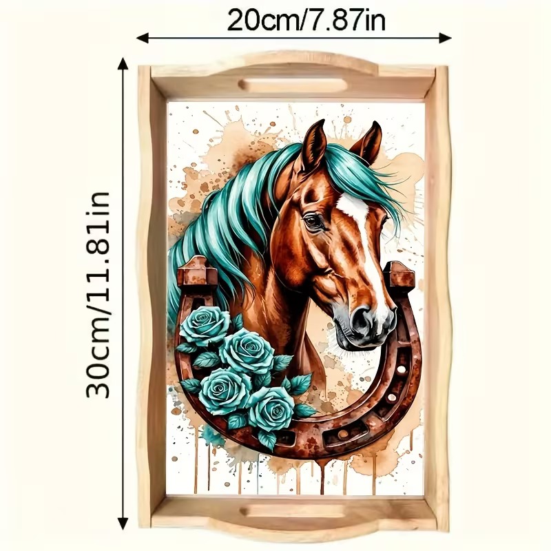 A horse framed by a horseshoe, blue roses, and a flowing teal mane