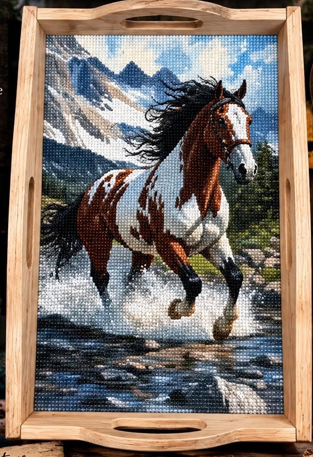 Golden Horizon diamond art decorative tray with a running horse and mountain scenery, $30 plus shipping