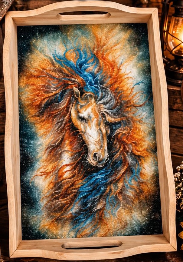 Spirit of the Open Range diamond art decorative tray: a horse with a flowing mane in vivid orange and blue