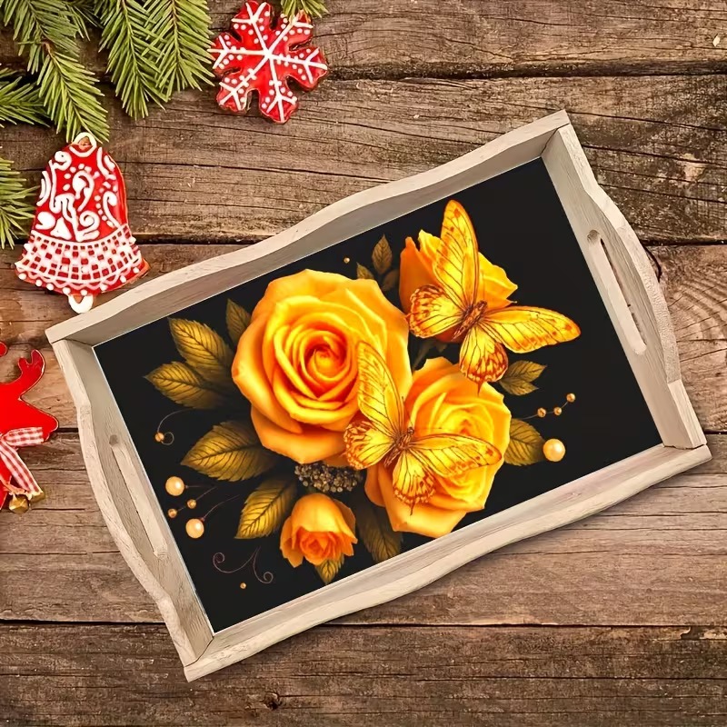 Golden butterflies and yellow roses against a dark background