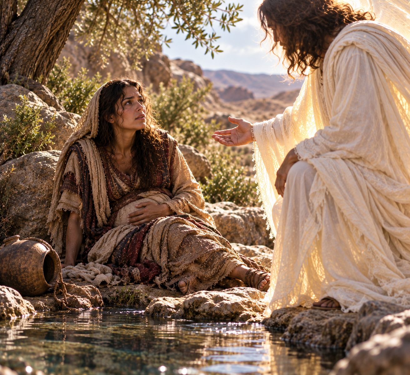 Hagar in the wilderness, met beside water